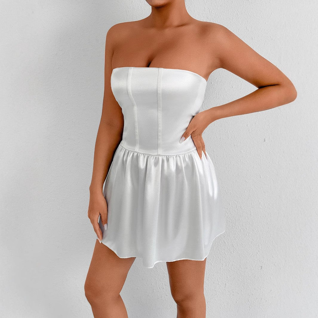 Ladies Satin Bustier Dress with Ruffle Lune London