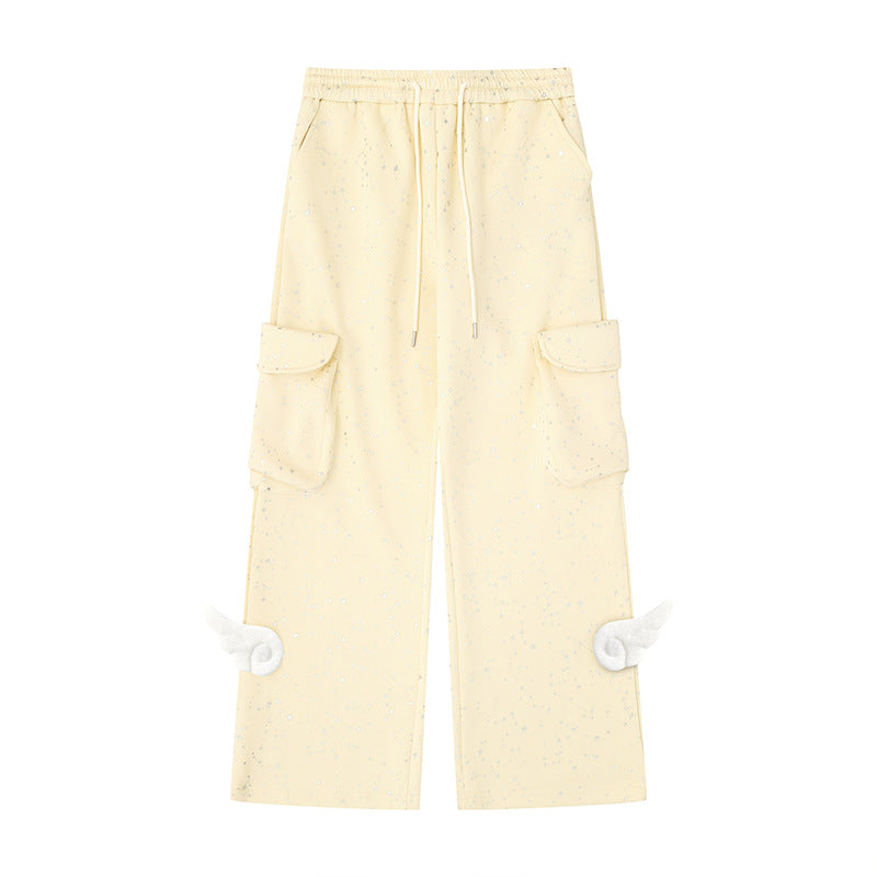 Women's Extra Wide Cargo Palazzo Sweatpants with Drawstring Waistband and Decorative Wing Appliqués Amarae