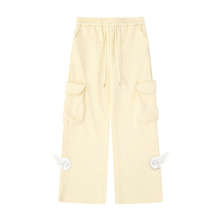 Women's Extra Wide Cargo Palazzo Sweatpants with Drawstring Waistband and Decorative Wing Appliqués Amarae