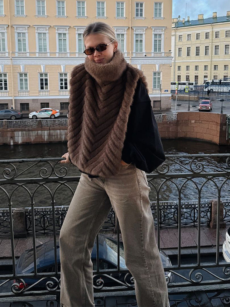 Ladies Fleece Lined Fur Poncho with High Roll Neck & Chevron Texture Amarae