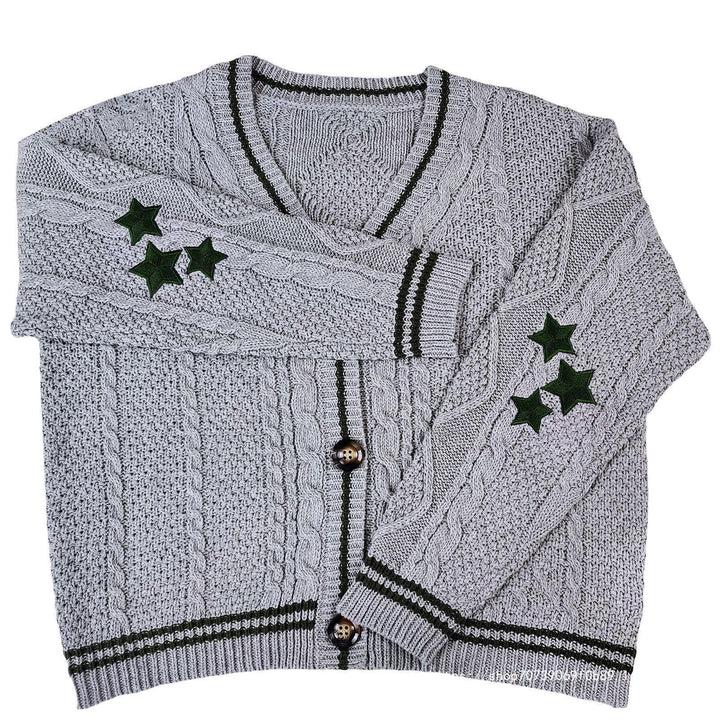 Chunky knit cardigan for women with deep V-neck and contrasting button details Lune London