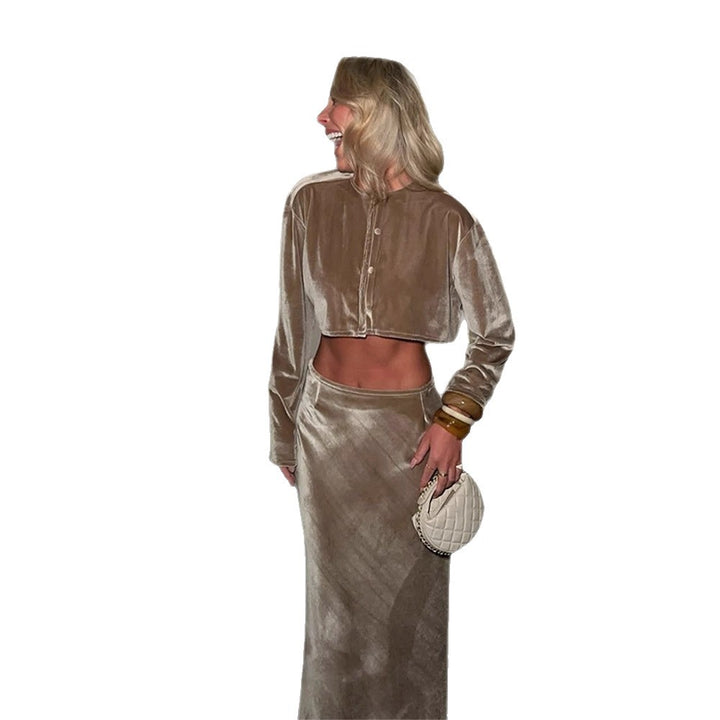 Women's Velvet Cropped Set with Buttoned Short Cardigan & Tailored Midi Skirt Amarae