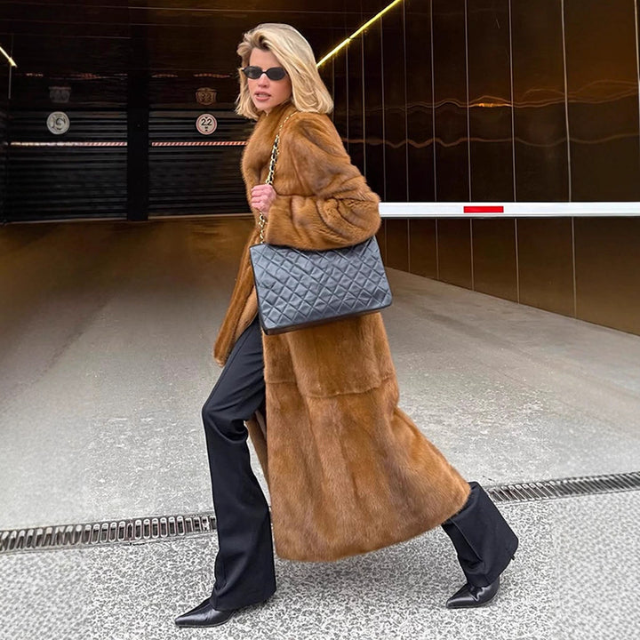 Women Luxurious Long Fur Coat with Shawl Collar and Flattering Oversize Cut Amarae