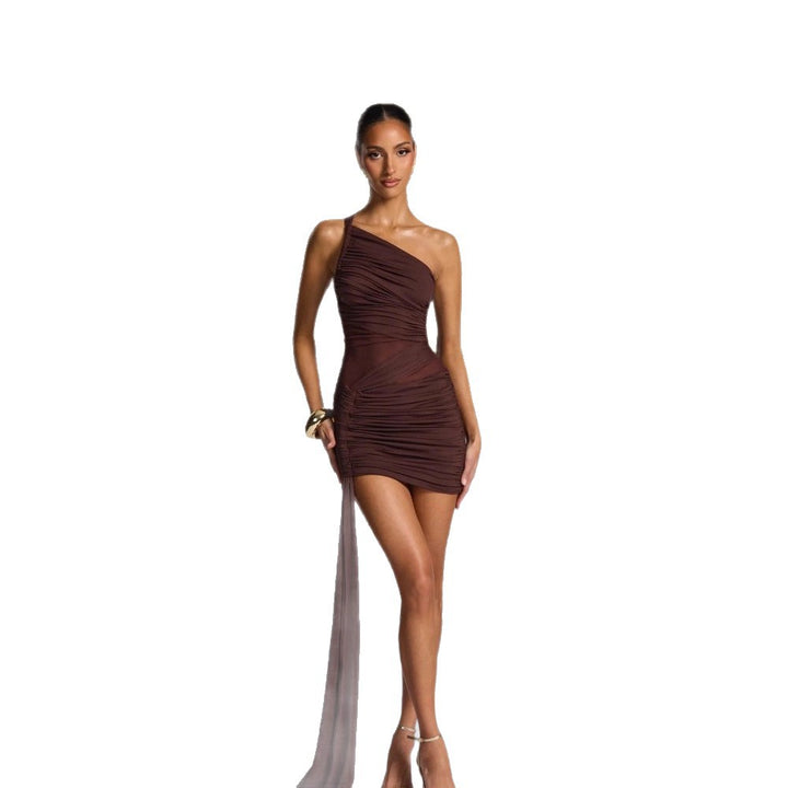 Ladies Elegant One-Shoulder Mini Dress with Sophisticated Draping Design and Flowing Skirt Lune London