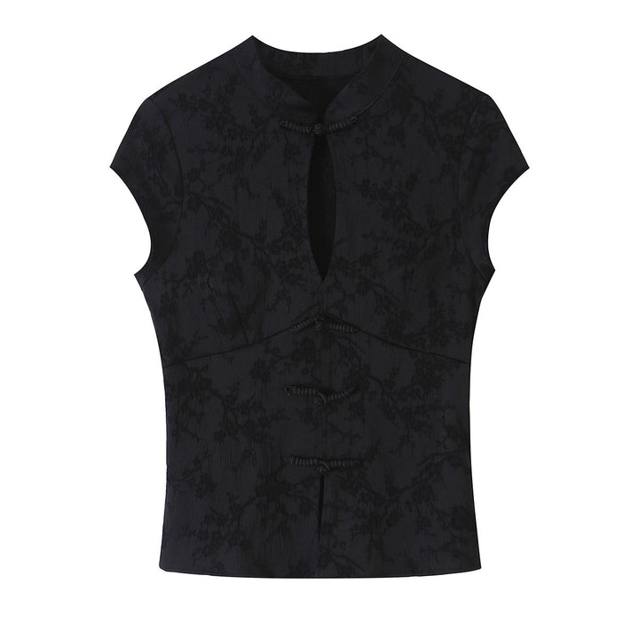Women's Sleeveless Cheongsam-Inspired Top with Stand Collar and Decorative Button Placket Amarae