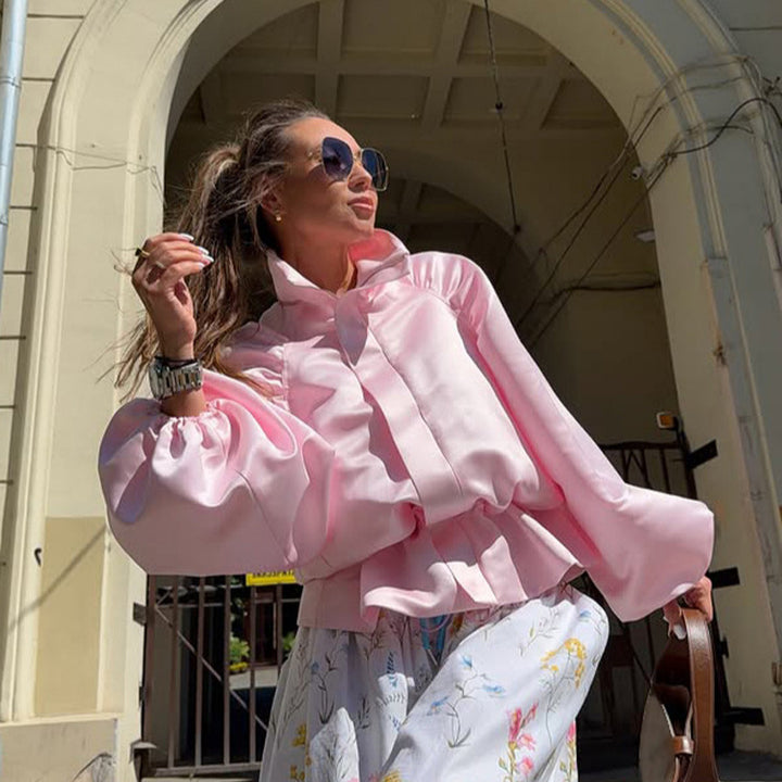 Women's satin blouse jacket with voluminous balloon sleeves, stand-up collar and fitted placket Amarae