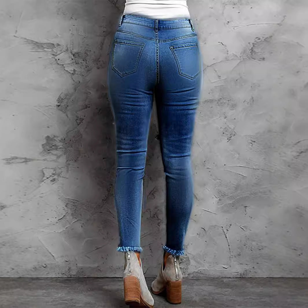 Women Stretch Skinny Jeans with High Waist, Knee Ripped Details and Leo Underlay Amarae