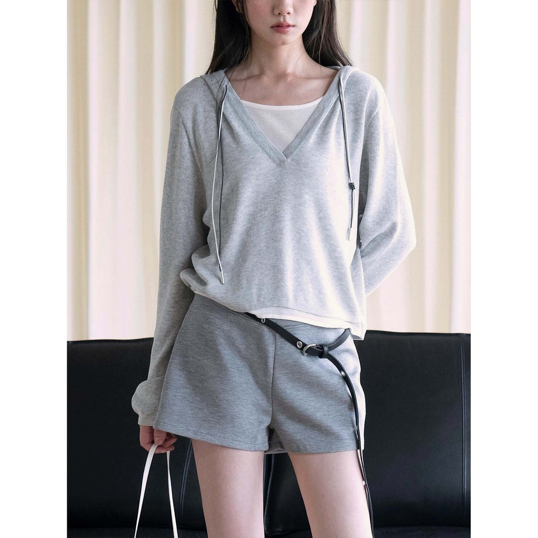 Women's fine knit sweatshirt with deep V-neckline and drawstring hood Amarae