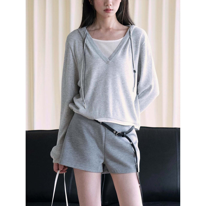 Women's fine knit sweatshirt with deep V-neckline and drawstring hood Amarae
