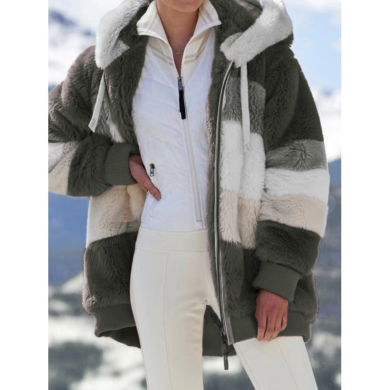 Women's Striped Oversized Teddy Jacket with Hood, Zipper and Ribbed Cuffs Amarae