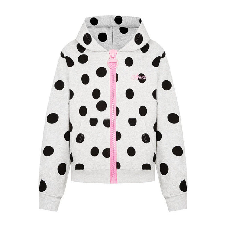 Women's cropped hooded zip jacket with large polka dot pattern and decorative zipper Amarae
