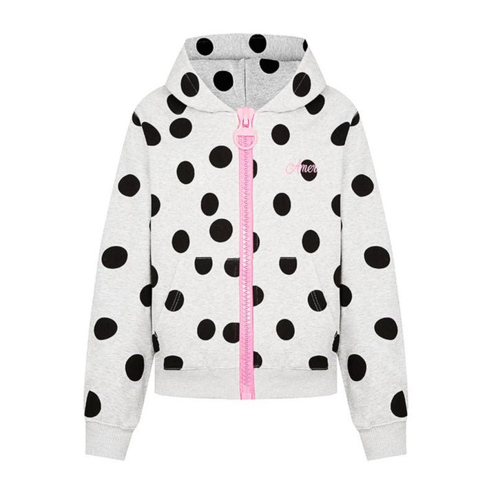 Women's cropped hooded zip jacket with large polka dot pattern and decorative zipper Amarae