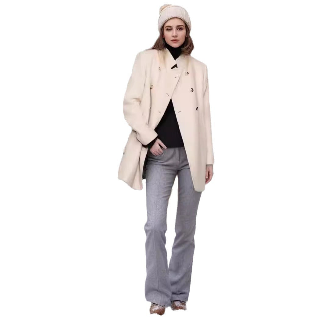 Ladies Elegant Short Double Breasted Coat with Chic Silk Details and Style