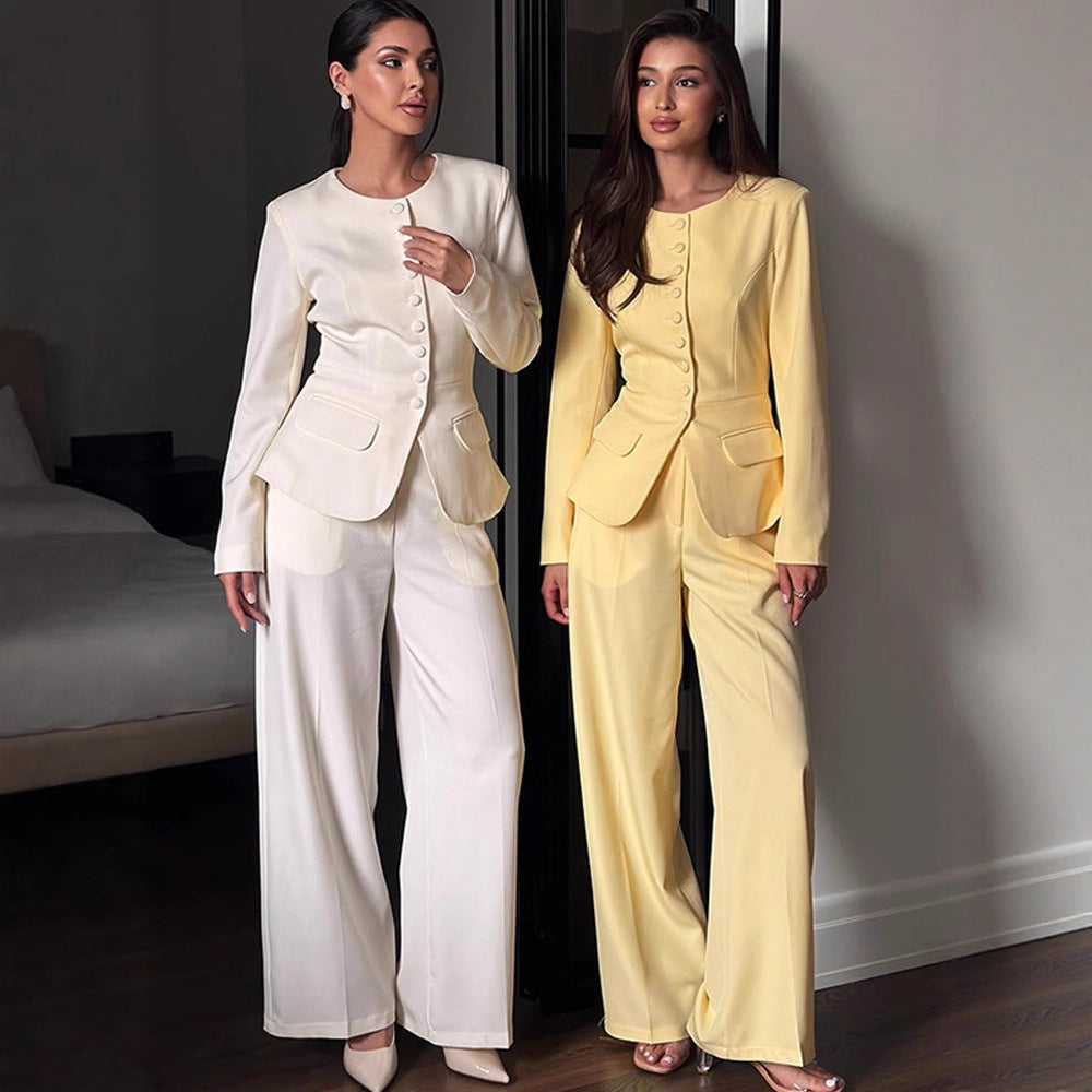 Women's Tailored Blazer with Round Neckline, Decorative Fabric Buttons and Flap Pockets Amarae
