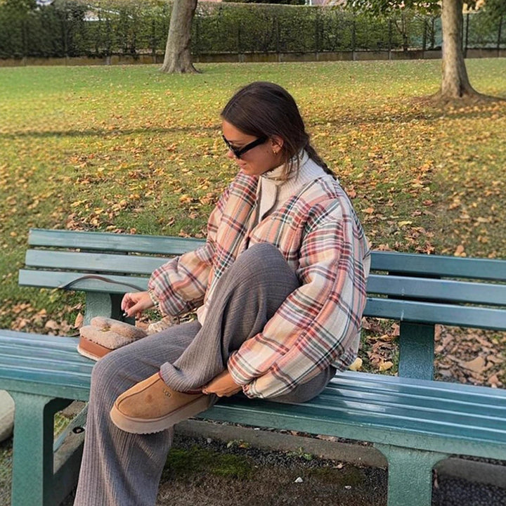 Women Padded Short Quilted Jacket in Check Pattern with Drawstring Hem and Oversized Sleeves Amarae