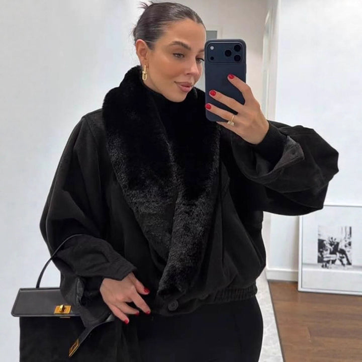 Women’s short jacket with voluminous faux fur shawl collar and elastic hem Amarae