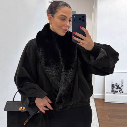 Women’s short jacket with voluminous faux fur shawl collar and elastic hem Amarae