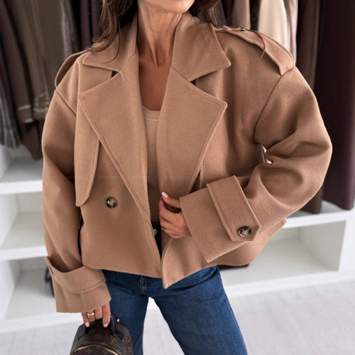 Trendy cropped blazer jacket for women with double-breasted buttons and wide lapels Amarae