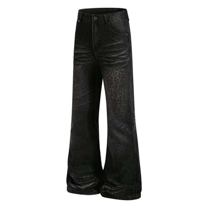 Women's High-Cut Flared Jeans with Subtle Leo Print and Used Wash Amarae
