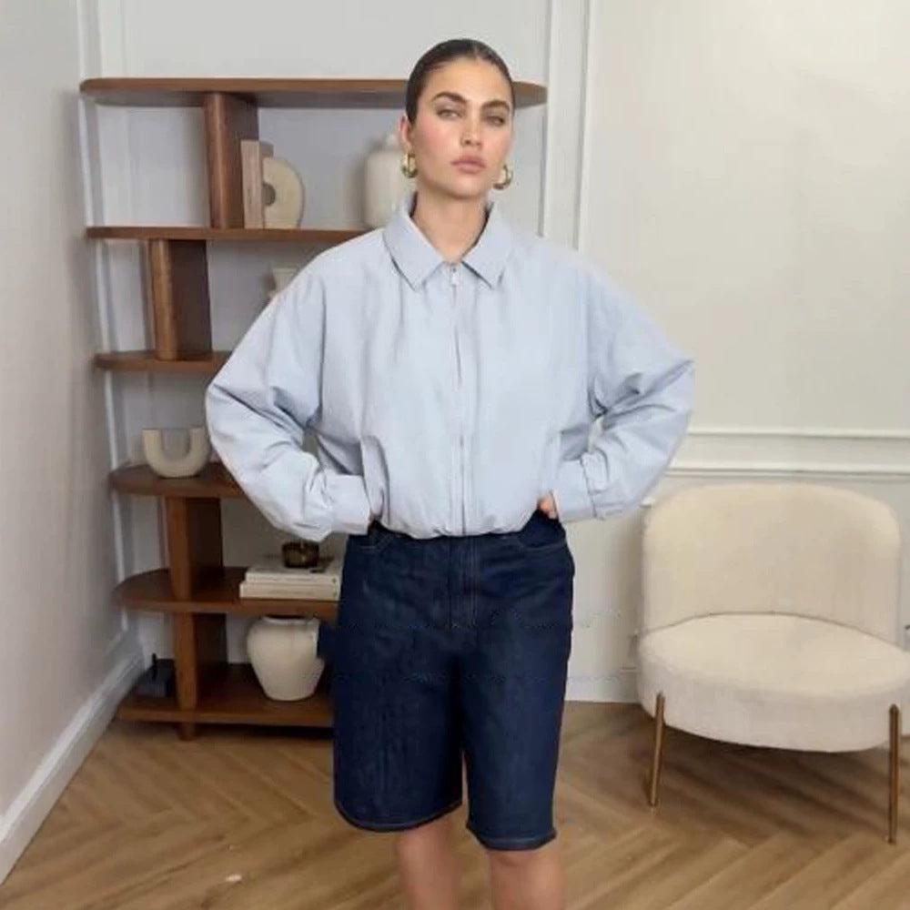 Women's Short Boxy Shirt Jacket with Zipper and Elastic Hem Amarae