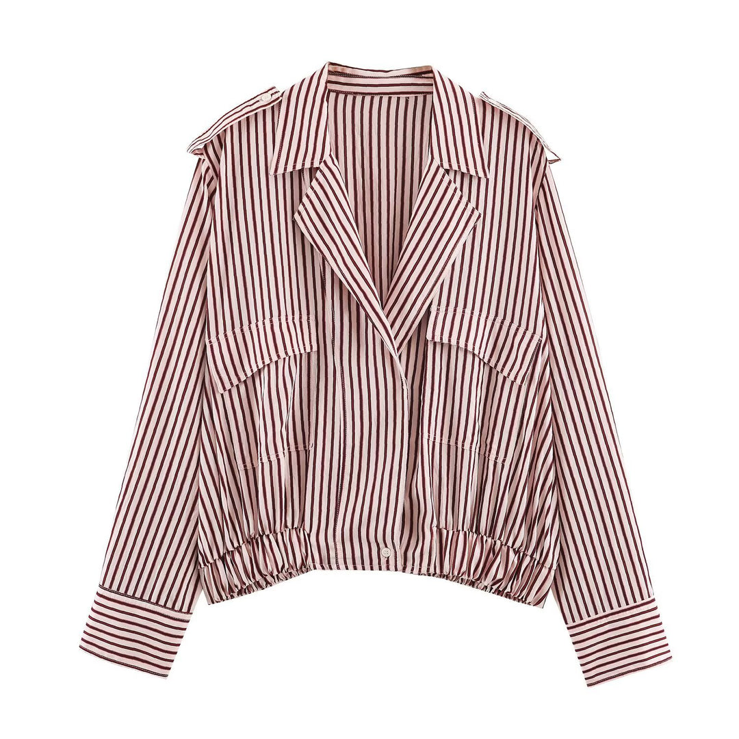 Women's Striped Cropped Blouson Jacket with Epaulettes, Patch Pockets and Elastic Hem