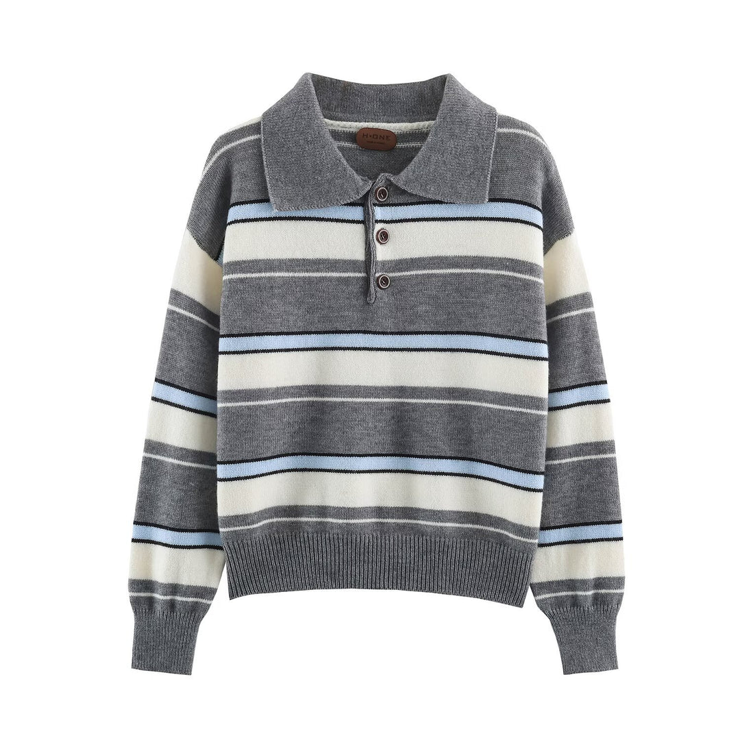 Women Striped Oversize Sweater with Polo Collar and V-Neck Amarae