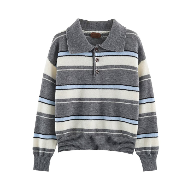 Women Striped Oversize Sweater with Polo Collar and V-Neck Amarae