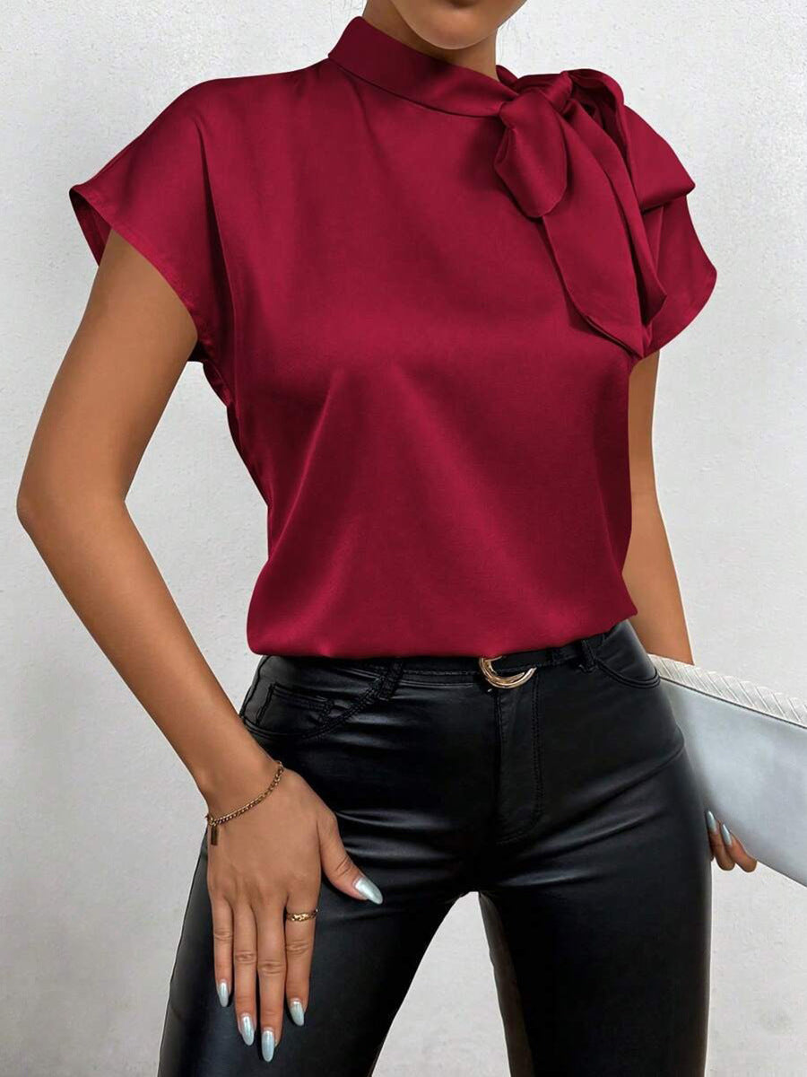 Lune London | Satinbluse Kurzarm Hoher Kragen mit Schleife Eleganter Entspannter Schnitt
