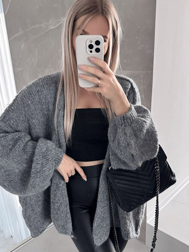 Women's Oversize Knit Cardigan with Voluminous Balloon Sleeves and Teddy-like Texture Amarae