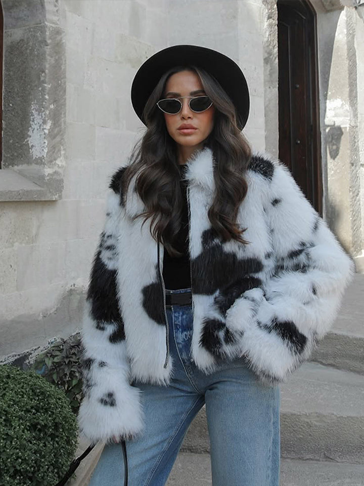 Women's Short Cut Faux Fur Bomber with Spot Pattern Amarae