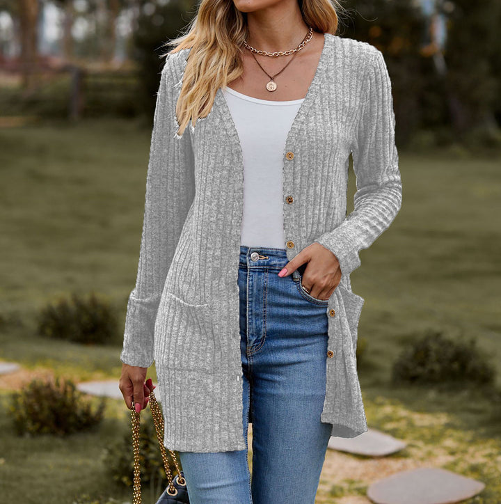 Knitted jacket for women with button placket and pockets Lune London