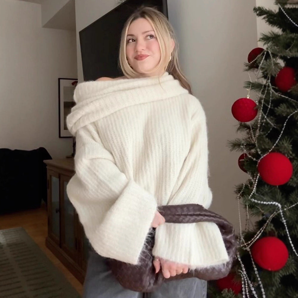 Women's Oversize Off-Shoulder Ribbed Knit Sweater with Wide Bell Sleeves Amarae