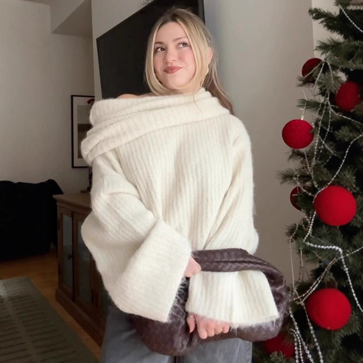 Women's Oversize Off-Shoulder Ribbed Knit Sweater with Wide Bell Sleeves Amarae