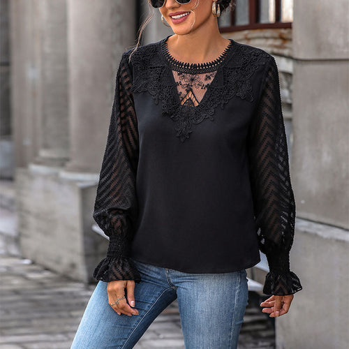 Elegant woman blouse with long lace sleeves Amarae