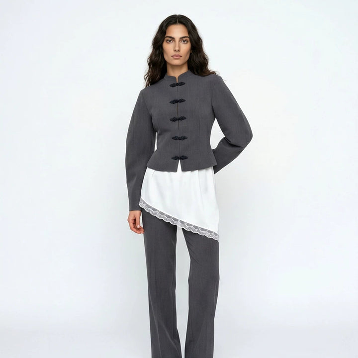 Women's Tailored Cropped Blazer with Mandarin Collar and Decorative Knot Closure Amarae