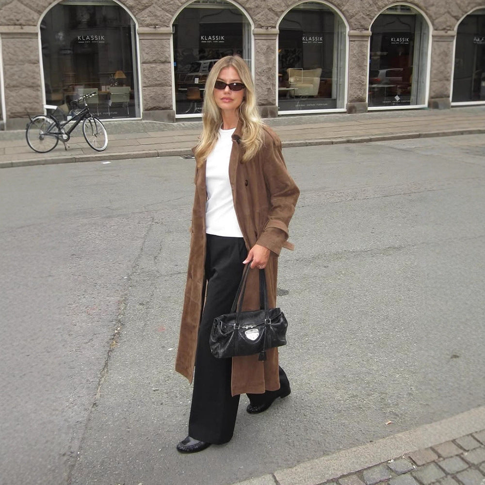 Women's Long Suede Trench Coat with Double-Breasted Buttons Amarae