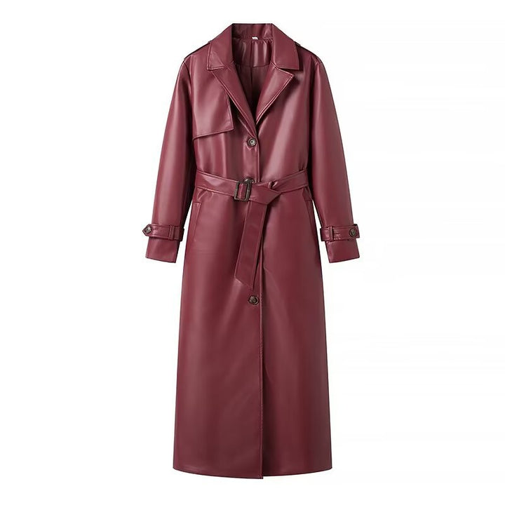 Elegant women's faux leather trench coat with belt and large lapels Lune London
