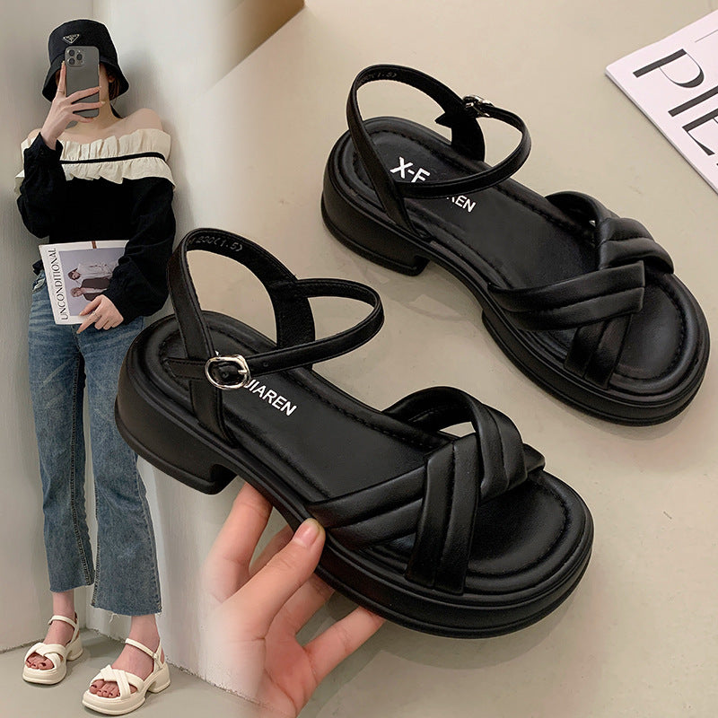 Women's sandals with stylish crossed straps and a comfortable block heel Lune London