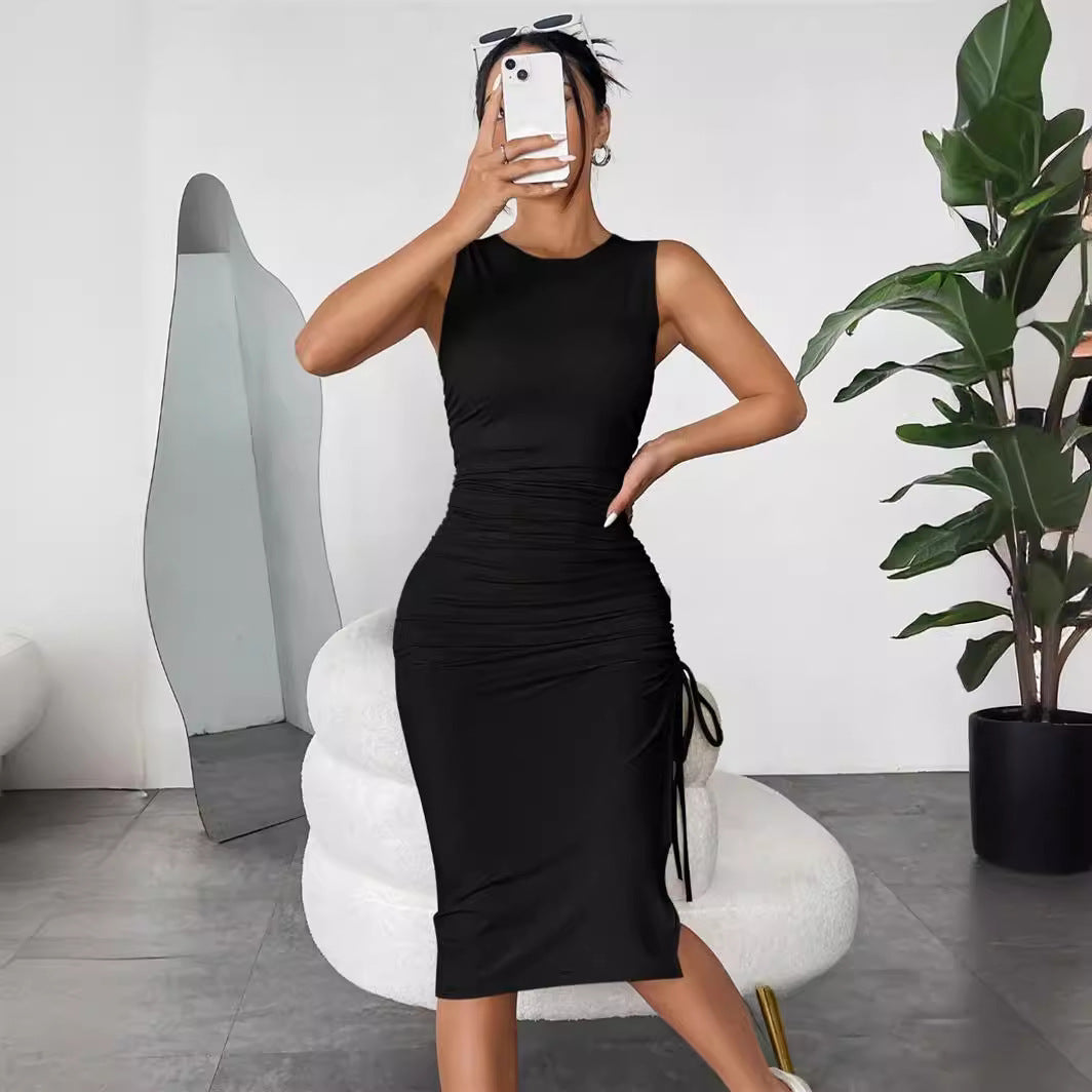 Fitted midi dress for women with decorative ruched effect and side laces Lune London