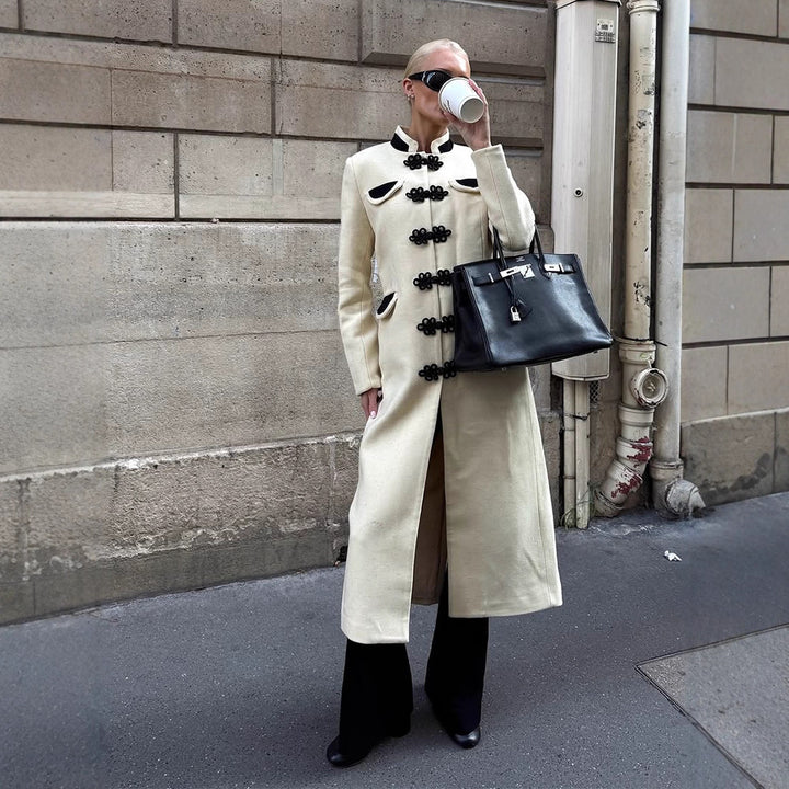 Women's maxi length tailored wool blend coat with stand-up collar and decorative frog closures Amarae