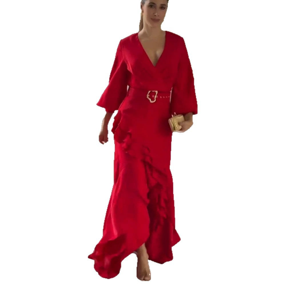 Women's Elegant Wrap Maxi Dress with Ruffles, Fitted Belt & Wide Bell Sleeves Amarae