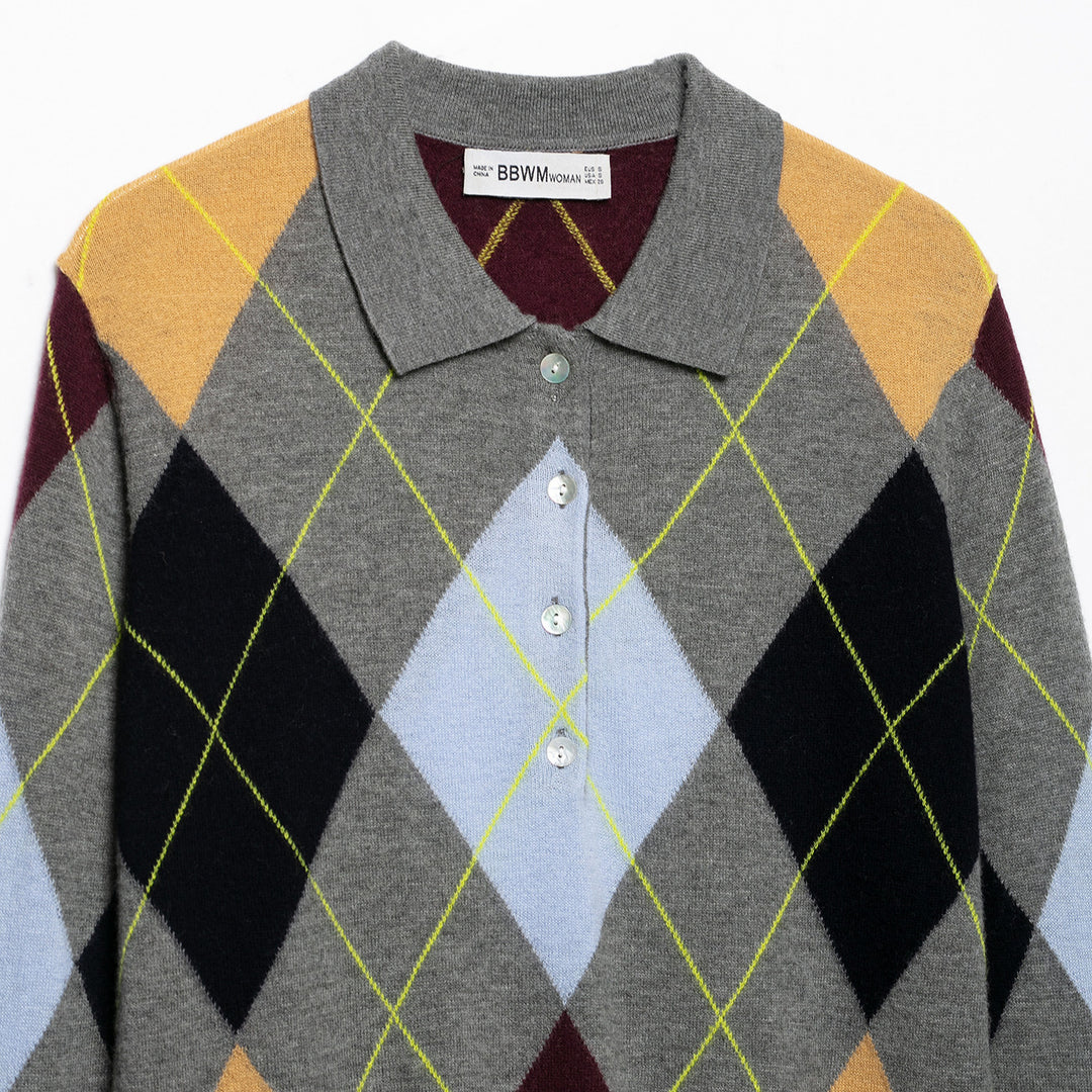 Women's knit polo shirt with diamond pattern and button placket Amarae