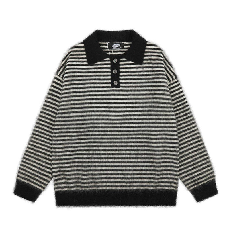 Women's Fluffy Knit Polo with Stripes, Contrasting Collar and Button Placket Amarae