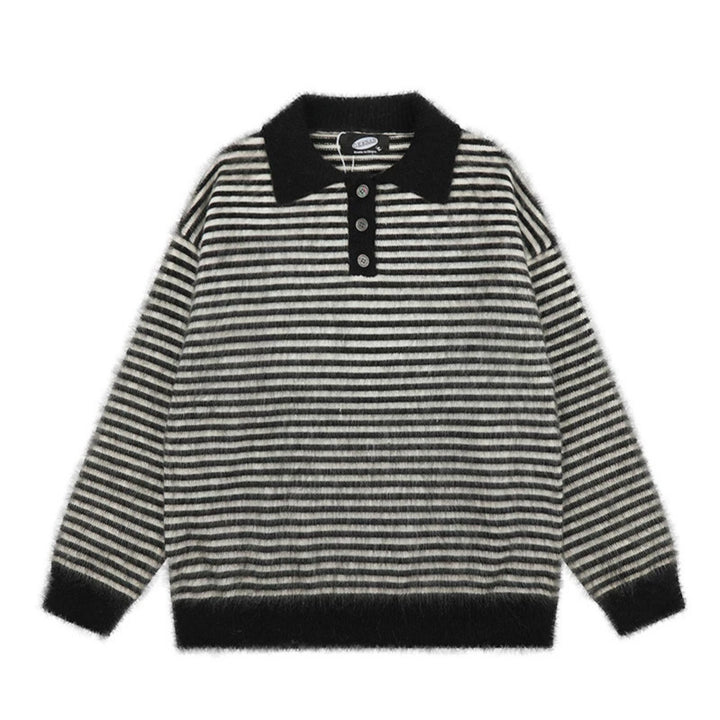 Women's Fluffy Knit Polo with Stripes, Contrasting Collar and Button Placket Amarae