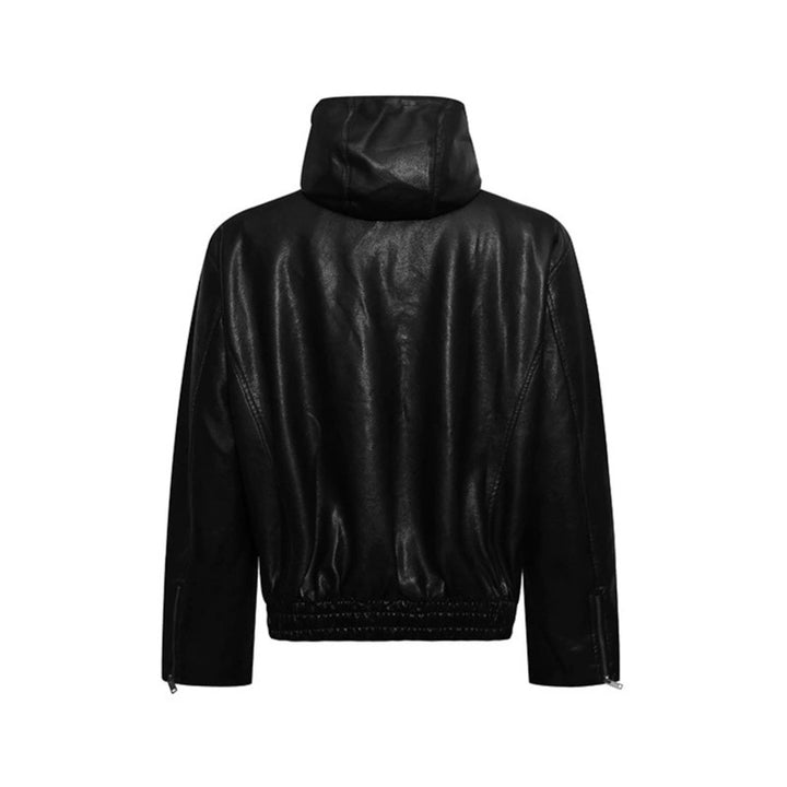 Men's Hooded Leather Jacket in Utility Style with Zipper and Kangaroo Pocket Amarae