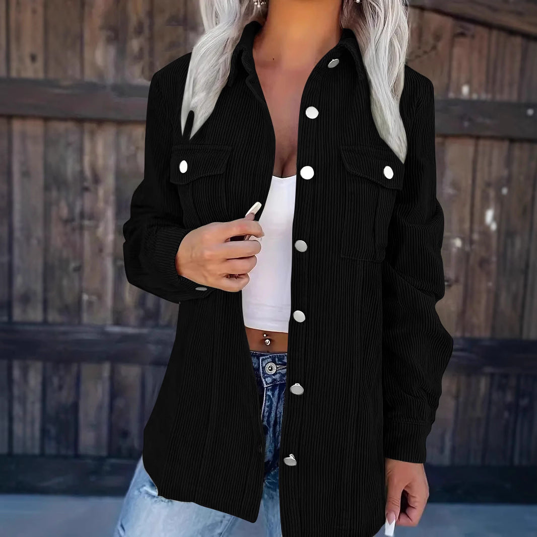 Shirt jacket women in fine structured fabric with applied pockets and snap button closure Lune London