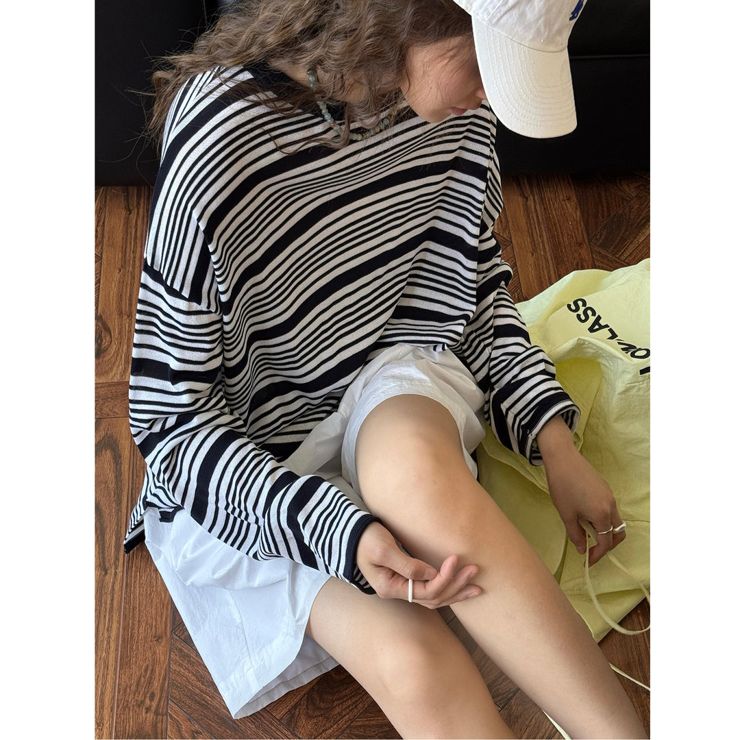 Women Striped Oversize Fine Knit Long Sleeve with Wide Round Neckline Amarae