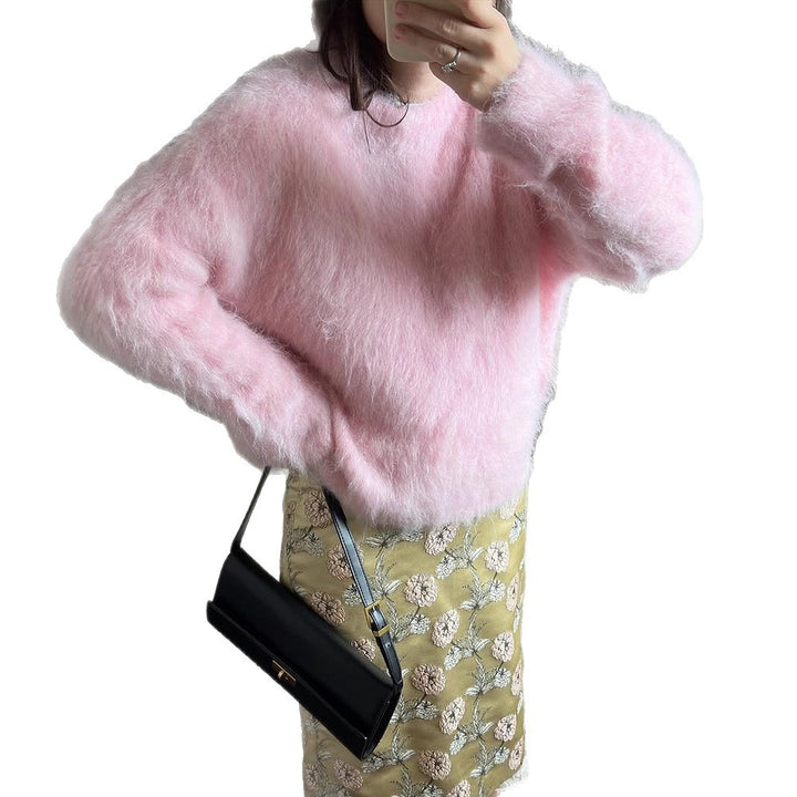 Women's Oversized Mohair Sweater with Fluffy Texture and Round Neckline Amarae