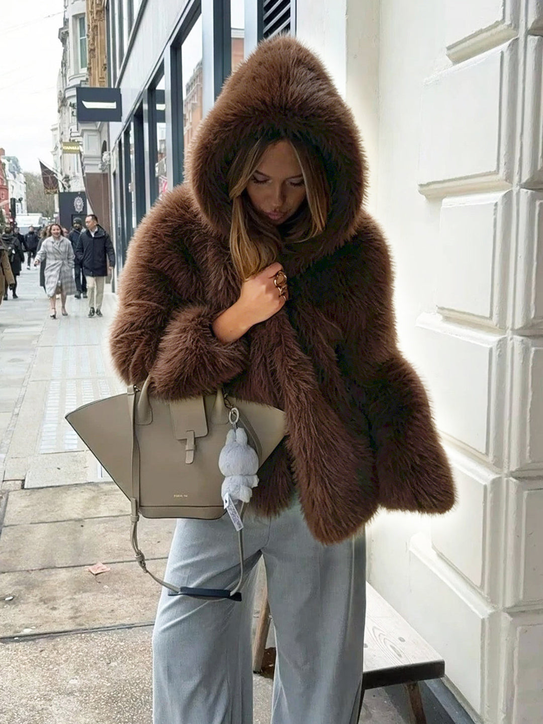 Women's Hooded Faux Fur Short Jacket with Dense Long Pile and Oversize Silhouette Amarae