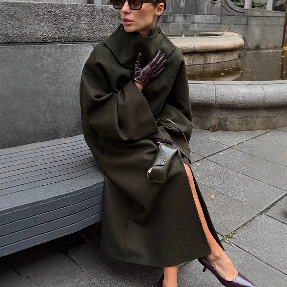 Ladies Maxilength Oversize Wool Blend Coat with Oversized Stand Collar and Balloon-like Sleeves Amarae